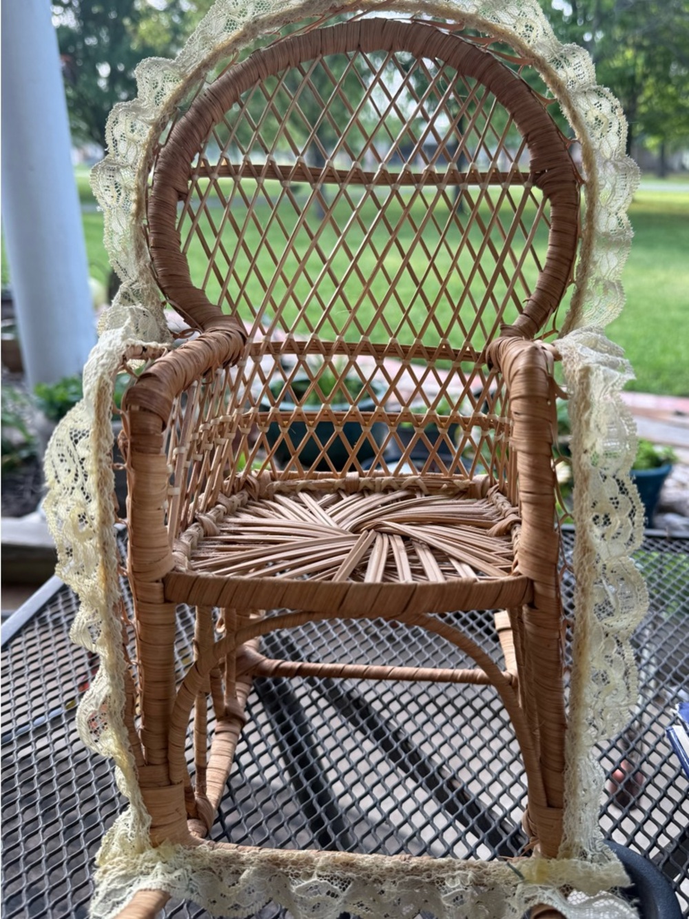 Large 13 1/2” Natural colored Wicker Doll Rocker.  Lace outline